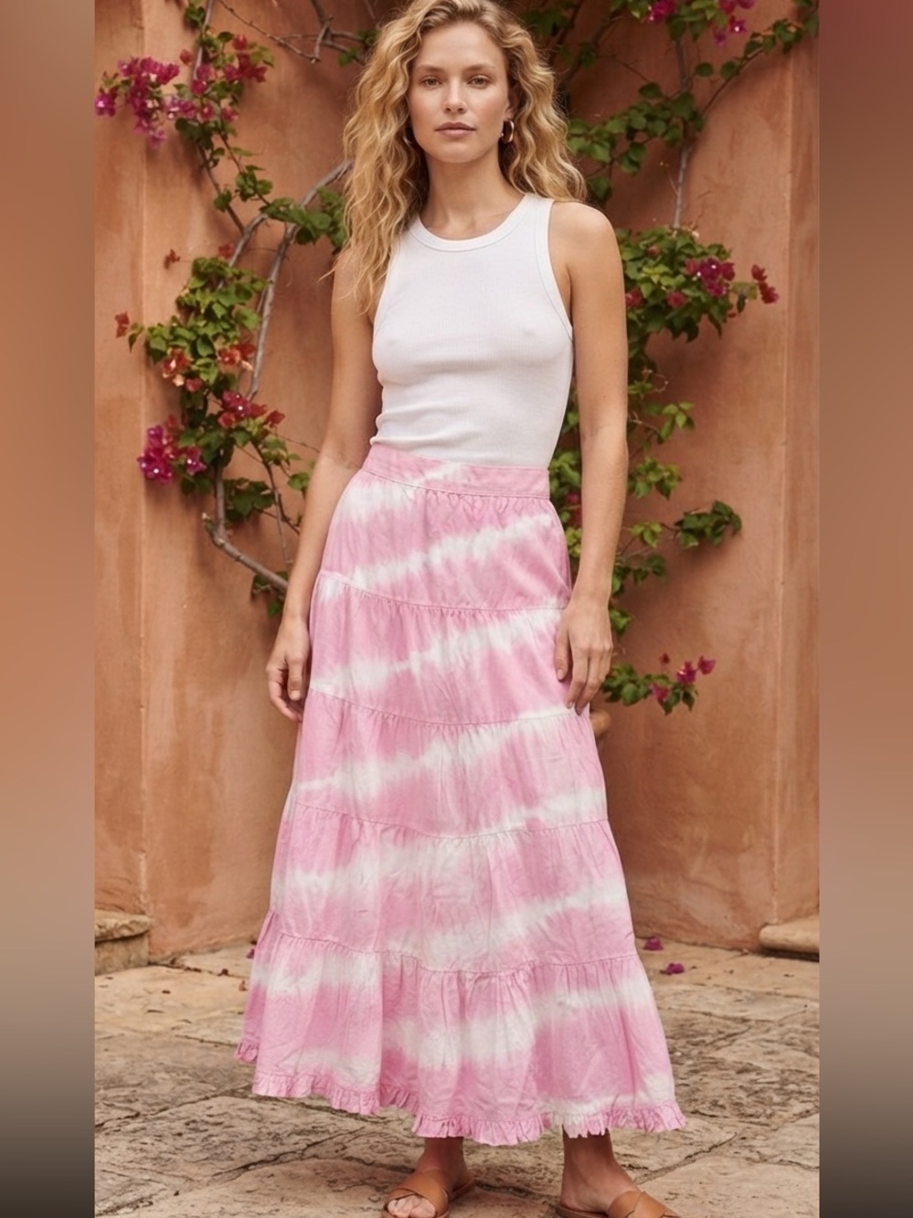 Generation Love Pink and White Tie-Dye Tiered Maxi “Dalia Skirt” - $185